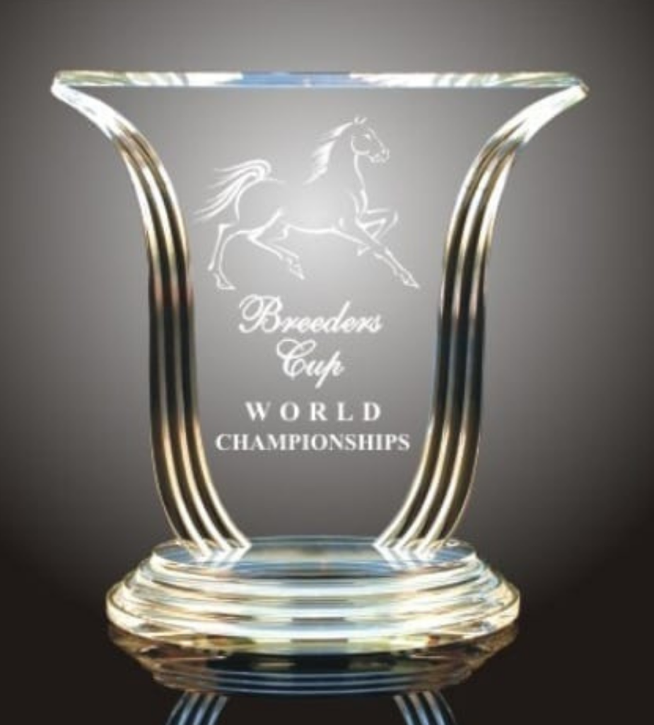 evolution - Acrylic Warehouse Crystal trophy with a prancing horse engraving and'Breeders Cup World Championships' inscription
