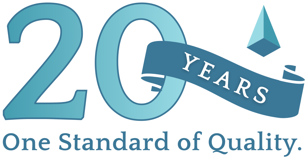 Logo celebrating 20 years with a blue ribbon reading YEARS and a diamond emblem, accompanied by the slogan 'One Standard of Quality'